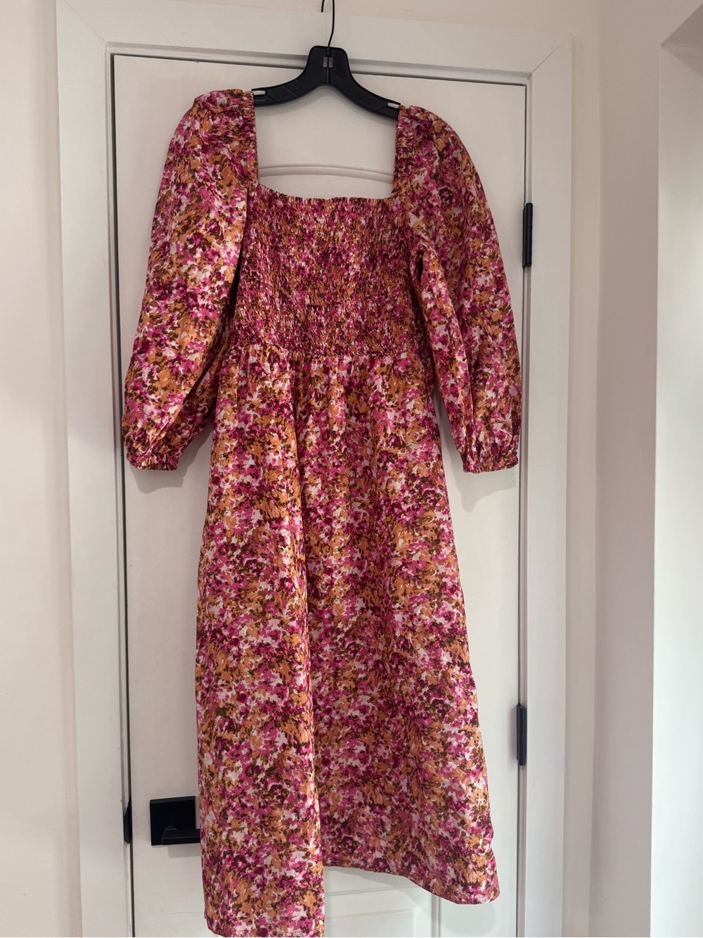 J. Crew Floral Smocked Midi Dress in Pink and Brown